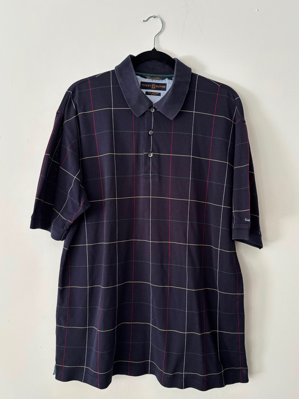 Vintage Tommy Hilfiger Golf Polo Shirt Navy Windowpane Plaid 100% Cotton Size L